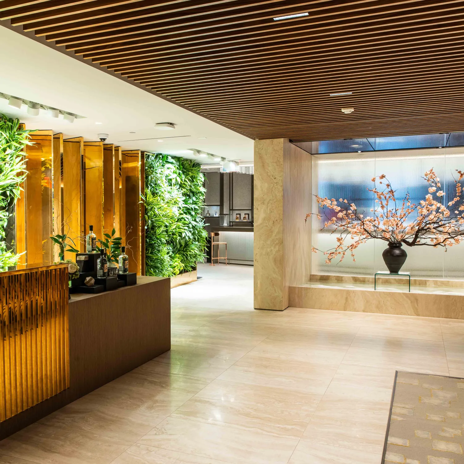 Bright, modern lobby of Suntory Global Spirits' Headquarters