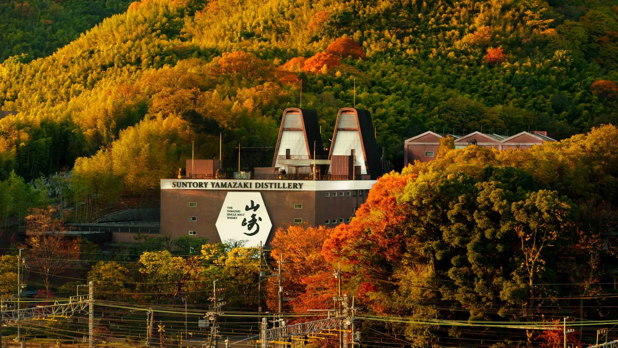 The Yamazaki Distillery, featuring several building positioned on the side of a tree-lined hill.