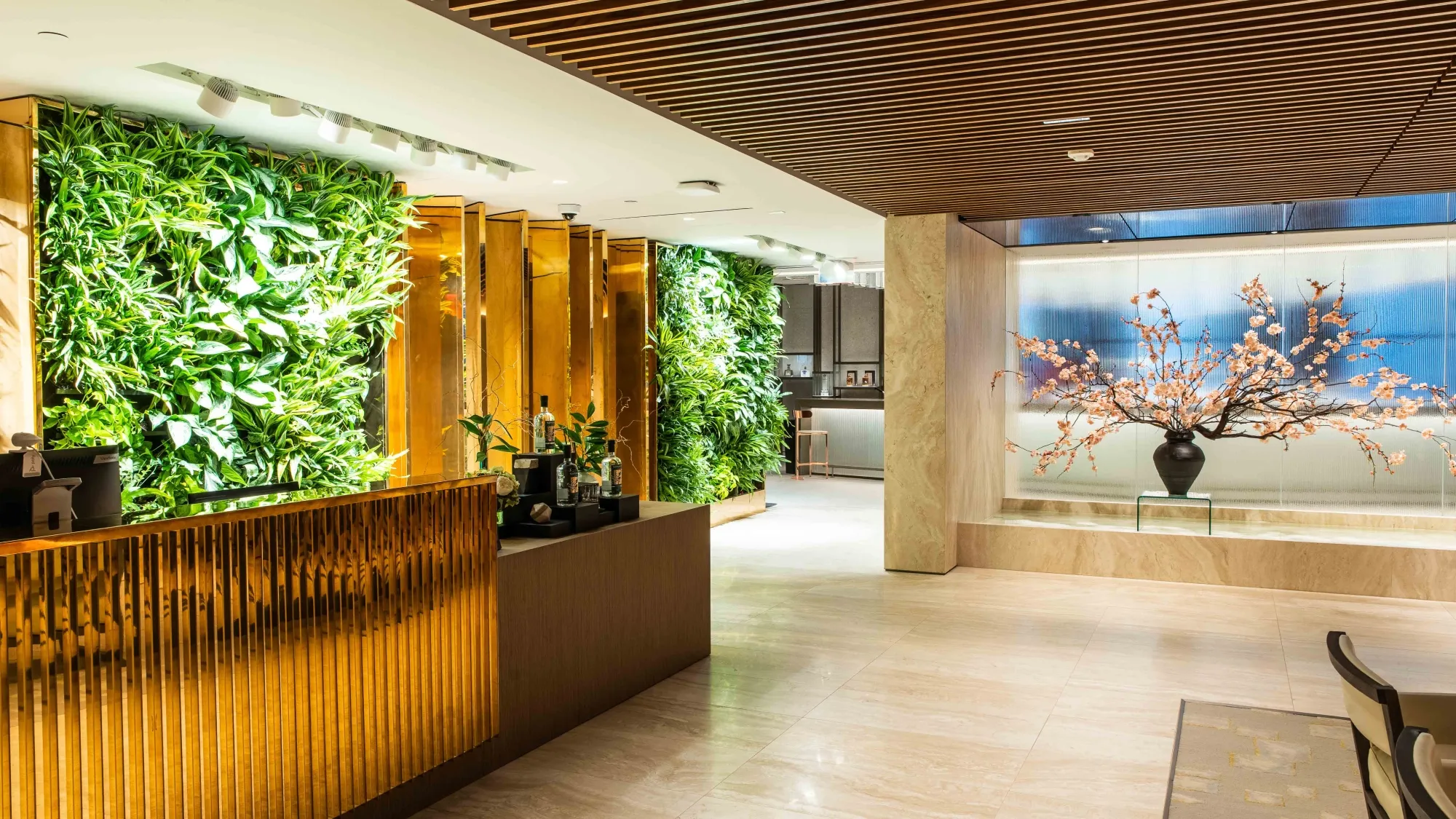 Bright, modern lobby of Suntory Global Spirits' Headquarters