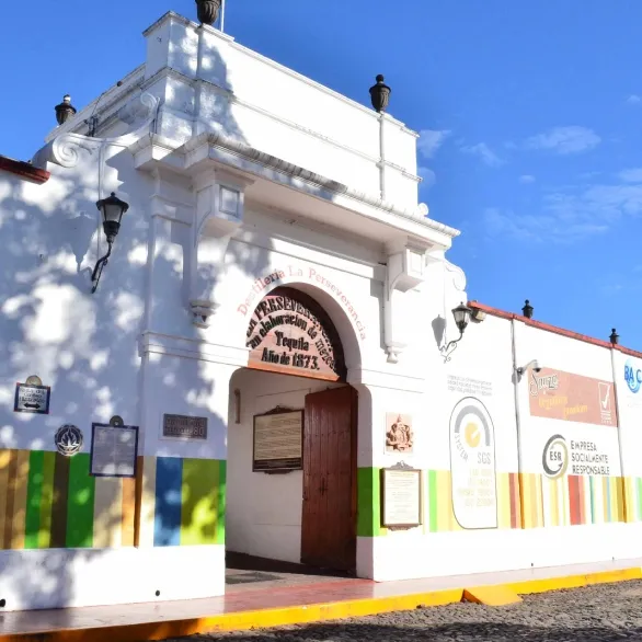 white stucco facade of the Sauza distillery building